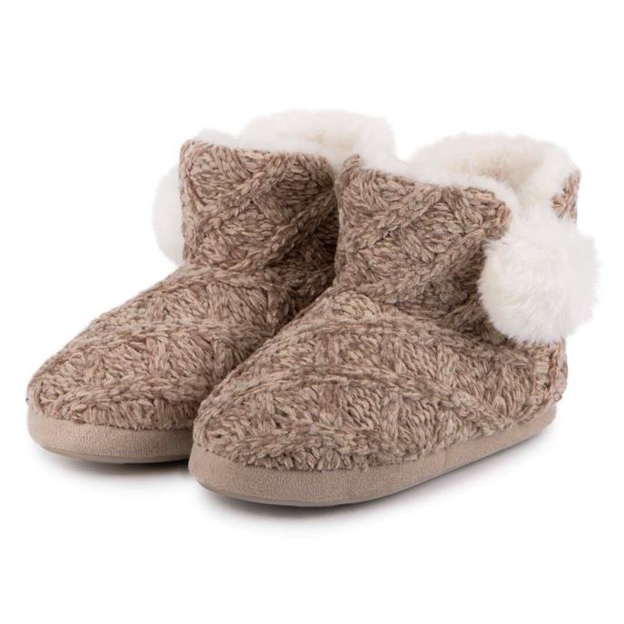 totes toasties® Ladies Cable Knit Boot Slippers With Pom Pom Brown Extra Image 2